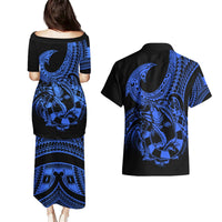 Polynesia Couples Matching Puletasi Dress and Hawaiian Shirt Fish Hook Tattoo Go Fishing Polynesian Pattern Blue LT14 - Polynesian Pride