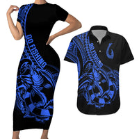Polynesia Couples Matching Short Sleeve Bodycon Dress and Hawaiian Shirt Fish Hook Tattoo Go Fishing Polynesian Pattern Blue LT14 Blue - Polynesian Pride