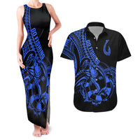 Polynesia Couples Matching Tank Maxi Dress and Hawaiian Shirt Fish Hook Tattoo Go Fishing Polynesian Pattern Blue LT14 Blue - Polynesian Pride