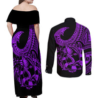 Polynesia Couples Matching Off Shoulder Maxi Dress and Long Sleeve Button Shirts Fish Hook Tattoo Go Fishing Polynesian Pattern Purple LT14 - Polynesian Pride