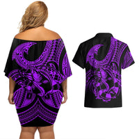 Polynesia Couples Matching Off Shoulder Short Dress and Hawaiian Shirt Fish Hook Tattoo Go Fishing Polynesian Pattern Purple LT14 - Polynesian Pride