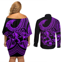 Polynesia Couples Matching Off Shoulder Short Dress and Long Sleeve Button Shirts Fish Hook Tattoo Go Fishing Polynesian Pattern Purple LT14 - Polynesian Pride