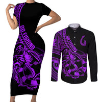 Polynesia Couples Matching Short Sleeve Bodycon Dress and Long Sleeve Button Shirts Fish Hook Tattoo Go Fishing Polynesian Pattern Purple LT14 Purple - Polynesian Pride