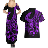 Polynesia Couples Matching Summer Maxi Dress and Hawaiian Shirt Fish Hook Tattoo Go Fishing Polynesian Pattern Purple LT14 - Polynesian Pride