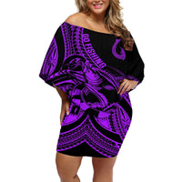 Polynesia Off Shoulder Short Dress Fish Hook Tattoo Go Fishing Polynesian Pattern Purple LT14 Women Purple - Polynesian Pride