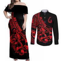 Polynesia Couples Matching Off Shoulder Maxi Dress and Long Sleeve Button Shirts Fish Hook Tattoo Go Fishing Polynesian Pattern Red LT14 Red - Polynesian Pride