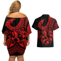 Polynesia Couples Matching Off Shoulder Short Dress and Hawaiian Shirt Fish Hook Tattoo Go Fishing Polynesian Pattern Red LT14 - Polynesian Pride