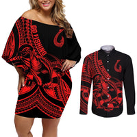 Polynesia Couples Matching Off Shoulder Short Dress and Long Sleeve Button Shirts Fish Hook Tattoo Go Fishing Polynesian Pattern Red LT14 Red - Polynesian Pride
