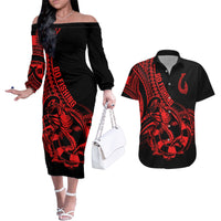 Polynesia Couples Matching Off The Shoulder Long Sleeve Dress and Hawaiian Shirt Fish Hook Tattoo Go Fishing Polynesian Pattern Red LT14 Red - Polynesian Pride