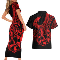Polynesia Couples Matching Short Sleeve Bodycon Dress and Hawaiian Shirt Fish Hook Tattoo Go Fishing Polynesian Pattern Red LT14 - Polynesian Pride