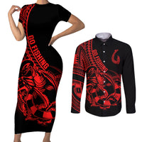 Polynesia Couples Matching Short Sleeve Bodycon Dress and Long Sleeve Button Shirts Fish Hook Tattoo Go Fishing Polynesian Pattern Red LT14 Red - Polynesian Pride