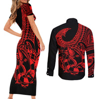 Polynesia Couples Matching Short Sleeve Bodycon Dress and Long Sleeve Button Shirts Fish Hook Tattoo Go Fishing Polynesian Pattern Red LT14 - Polynesian Pride