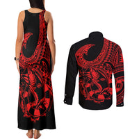 Polynesia Couples Matching Tank Maxi Dress and Long Sleeve Button Shirts Fish Hook Tattoo Go Fishing Polynesian Pattern Red LT14 - Polynesian Pride