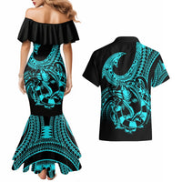 Polynesia Couples Matching Mermaid Dress and Hawaiian Shirt Fish Hook Tattoo Go Fishing Polynesian Pattern Turquosie LT14 - Polynesian Pride
