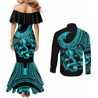 Polynesia Couples Matching Mermaid Dress and Long Sleeve Button Shirts Fish Hook Tattoo Go Fishing Polynesian Pattern Turquosie LT14 - Polynesian Pride