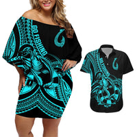 Polynesia Couples Matching Off Shoulder Short Dress and Hawaiian Shirt Fish Hook Tattoo Go Fishing Polynesian Pattern Turquosie LT14 Turquoise - Polynesian Pride
