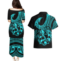 Polynesia Couples Matching Puletasi Dress and Hawaiian Shirt Fish Hook Tattoo Go Fishing Polynesian Pattern Turquosie LT14 - Polynesian Pride