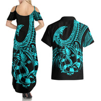 Polynesia Couples Matching Summer Maxi Dress and Hawaiian Shirt Fish Hook Tattoo Go Fishing Polynesian Pattern Turquosie LT14 - Polynesian Pride