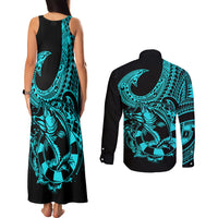 Polynesia Couples Matching Tank Maxi Dress and Long Sleeve Button Shirts Fish Hook Tattoo Go Fishing Polynesian Pattern Turquosie LT14 - Polynesian Pride