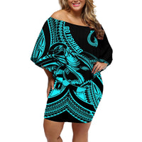 Polynesia Off Shoulder Short Dress Fish Hook Tattoo Go Fishing Polynesian Pattern Turquosie LT14 Women Turquoise - Polynesian Pride