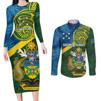 Solomon Islands Couples Matching Long Sleeve Bodycon Dress and Long Sleeve Button Shirts Tropical Leaves With Melanesian Pattern LT14 Green - Polynesian Pride