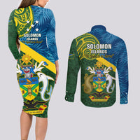Solomon Islands Couples Matching Long Sleeve Bodycon Dress and Long Sleeve Button Shirts Tropical Leaves With Melanesian Pattern LT14 - Polynesian Pride