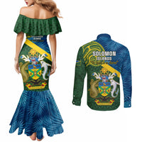 Solomon Islands Couples Matching Mermaid Dress and Long Sleeve Button Shirts Tropical Leaves With Melanesian Pattern LT14 - Polynesian Pride