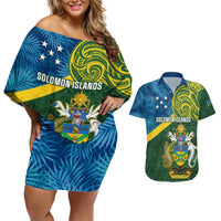 Solomon Islands Couples Matching Off Shoulder Short Dress and Hawaiian Shirt Tropical Leaves With Melanesian Pattern LT14 Green - Polynesian Pride