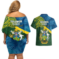 Solomon Islands Couples Matching Off Shoulder Short Dress and Hawaiian Shirt Tropical Leaves With Melanesian Pattern LT14 - Polynesian Pride