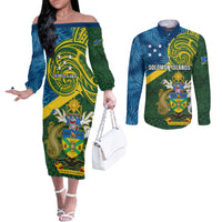 Solomon Islands Couples Matching Off The Shoulder Long Sleeve Dress and Long Sleeve Button Shirts Tropical Leaves With Melanesian Pattern LT14 Green - Polynesian Pride