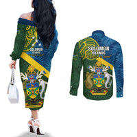 Solomon Islands Couples Matching Off The Shoulder Long Sleeve Dress and Long Sleeve Button Shirts Tropical Leaves With Melanesian Pattern LT14 - Polynesian Pride