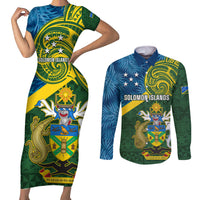 Solomon Islands Couples Matching Short Sleeve Bodycon Dress and Long Sleeve Button Shirts Tropical Leaves With Melanesian Pattern LT14 Green - Polynesian Pride