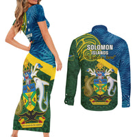 Solomon Islands Couples Matching Short Sleeve Bodycon Dress and Long Sleeve Button Shirts Tropical Leaves With Melanesian Pattern LT14 - Polynesian Pride