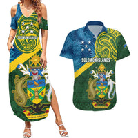 Solomon Islands Couples Matching Summer Maxi Dress and Hawaiian Shirt Tropical Leaves With Melanesian Pattern LT14 Green - Polynesian Pride