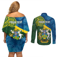Personalised Solomon Islands Couples Matching Off Shoulder Short Dress and Long Sleeve Button Shirts Tropical Leaves With Melanesian Pattern LT14 - Polynesian Pride