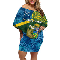 Personalised Solomon Islands Off Shoulder Short Dress Tropical Leaves With Melanesian Pattern LT14 Women Green - Polynesian Pride