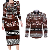 Bula Fiji Couples Matching Long Sleeve Bodycon Dress and Long Sleeve Button Shirt Fijian Tapa Masi With Hibiscus Flowers LT14 Brown - Polynesian Pride