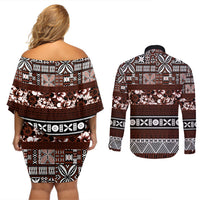 Bula Fiji Couples Matching Off Shoulder Short Dress and Long Sleeve Button Shirt Fijian Tapa Masi With Hibiscus Flowers LT14 - Polynesian Pride