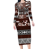 Bula Fiji Family Matching Long Sleeve Bodycon Dress and Hawaiian Shirt Fijian Tapa Masi With Hibiscus Flowers LT14 Mom's Dress Brown - Polynesian Pride