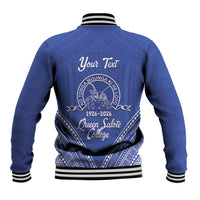 Queen Salote College 100 Years Personalized Baseball Jacket Tonga QSC Heilala Lei Blue Ngatu Pattern LT14 - Polynesian Pride