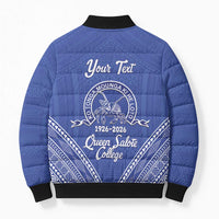Queen Salote College 100 Years Personalized Bomber Puffer Jacket Tonga QSC Heilala Lei Blue Ngatu Pattern LT14 - Polynesian Pride