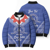 Queen Salote College 100 Years Personalized Bomber Puffer Jacket Tonga QSC Heilala Lei Blue Ngatu Pattern LT14 - Polynesian Pride