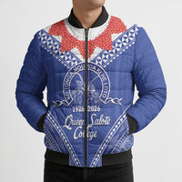 Queen Salote College 100 Years Personalized Bomber Puffer Jacket Tonga QSC Heilala Lei Blue Ngatu Pattern LT14 - Polynesian Pride