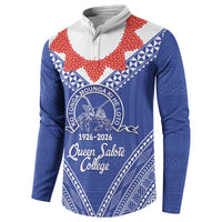 Queen Salote College 100 Years Personalized Button Sweatshirt Tonga QSC Heilala Lei Blue Ngatu Pattern LT14 - Polynesian Pride