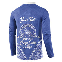 Queen Salote College 100 Years Personalized Button Sweatshirt Tonga QSC Heilala Lei Blue Ngatu Pattern LT14 - Polynesian Pride