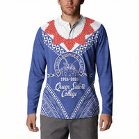 Queen Salote College 100 Years Personalized Button Sweatshirt Tonga QSC Heilala Lei Blue Ngatu Pattern LT14 - Polynesian Pride