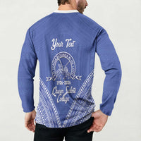 Queen Salote College 100 Years Personalized Button Sweatshirt Tonga QSC Heilala Lei Blue Ngatu Pattern LT14 - Polynesian Pride