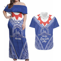 Queen Salote College 100 Years Personalized Couples Matching Off Shoulder Maxi Dress and Hawaiian Shirt Tonga QSC Heilala Lei Blue Ngatu Pattern LT14 Blue - Polynesian Pride