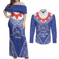 Queen Salote College 100 Years Personalized Couples Matching Off Shoulder Maxi Dress and Long Sleeve Button Shirt Tonga QSC Heilala Lei Blue Ngatu Pattern LT14 Blue - Polynesian Pride