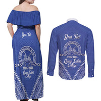 Queen Salote College 100 Years Personalized Couples Matching Off Shoulder Maxi Dress and Long Sleeve Button Shirt Tonga QSC Heilala Lei Blue Ngatu Pattern LT14 - Polynesian Pride